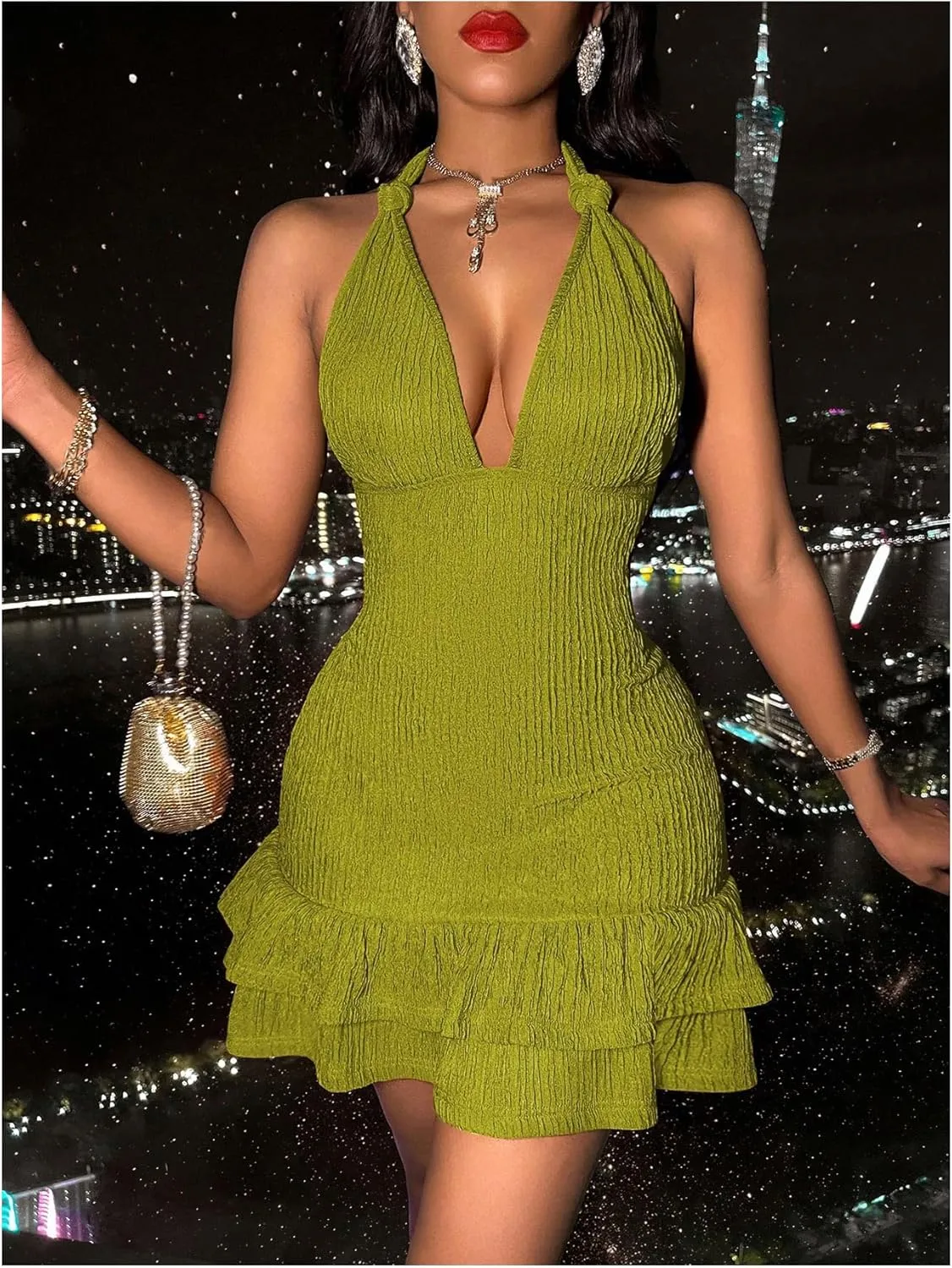 SOLY HUX Women's Summer Halter Bodycon Mini Dress Sexy Deep V Ruffle Party Cocktail Cami Dresses