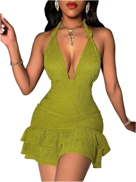 SOLY HUX Women's Summer Halter Bodycon Mini Dress Sexy Deep V Ruffle Party Cocktail Cami Dresses