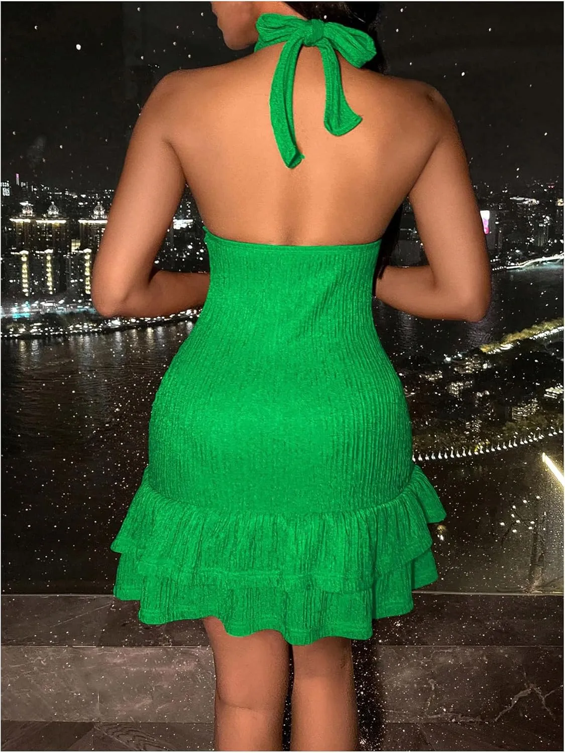SOLY HUX Women's Summer Halter Bodycon Mini Dress Sexy Deep V Ruffle Party Cocktail Cami Dresses