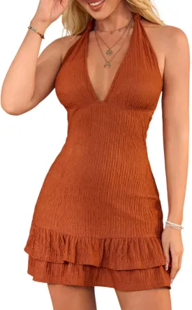 SOLY HUX Women's Summer Halter Bodycon Mini Dress Sexy Deep V Ruffle Party Cocktail Cami Dresses