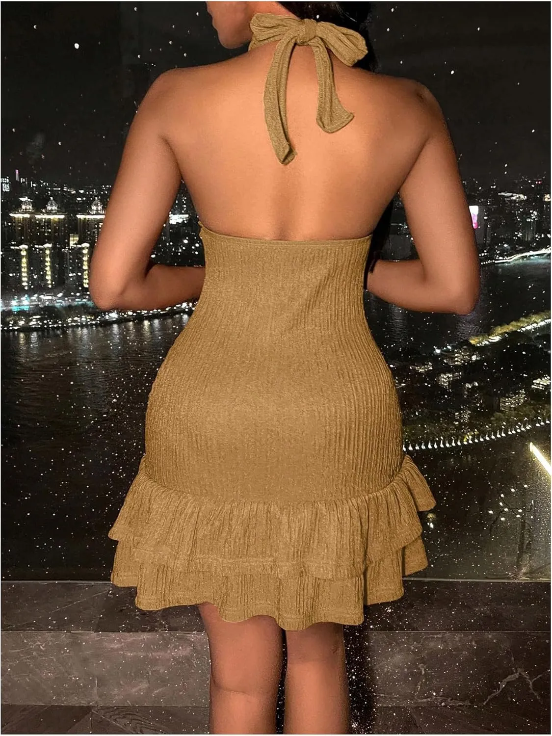 SOLY HUX Women's Summer Halter Bodycon Mini Dress Sexy Deep V Ruffle Party Cocktail Cami Dresses