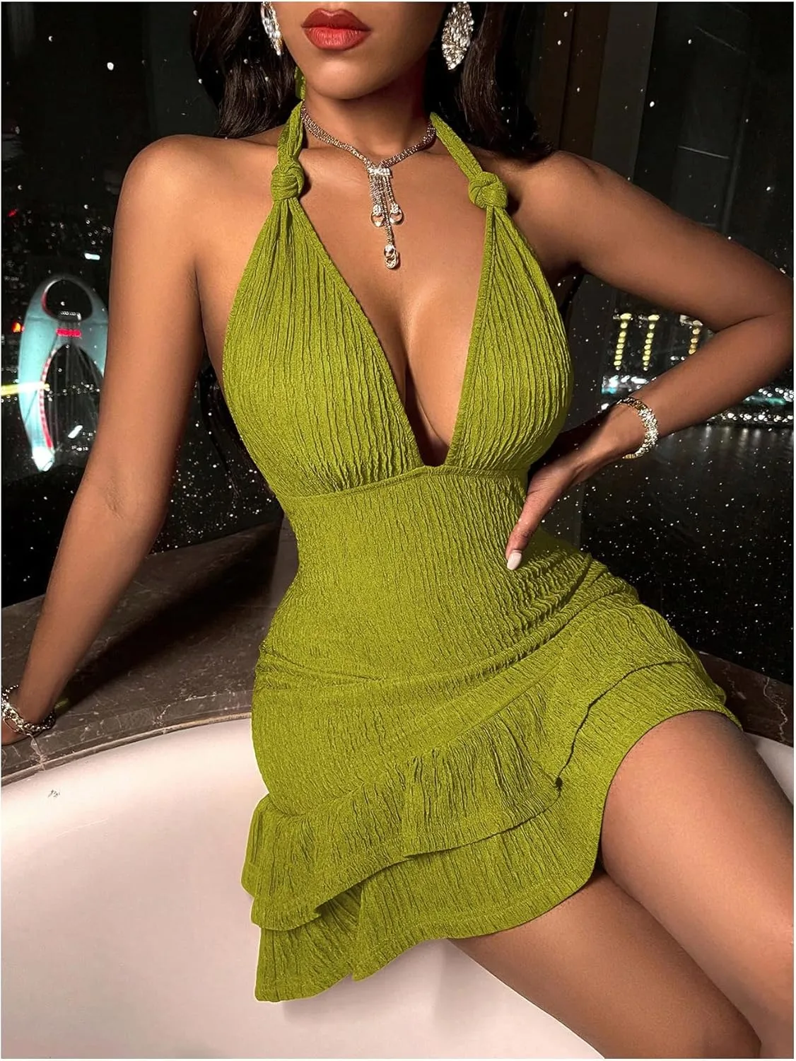 SOLY HUX Women's Summer Halter Bodycon Mini Dress Sexy Deep V Ruffle Party Cocktail Cami Dresses