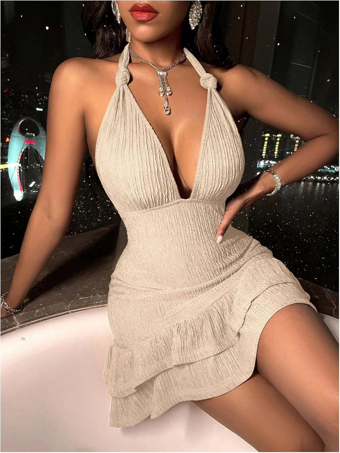 SOLY HUX Women's Summer Halter Bodycon Mini Dress Sexy Deep V Ruffle Party Cocktail Cami Dresses