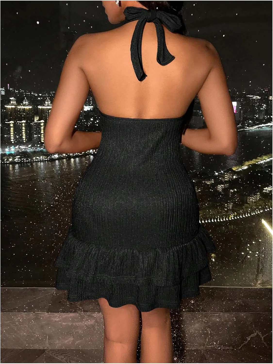 SOLY HUX Women's Summer Halter Bodycon Mini Dress Sexy Deep V Ruffle Party Cocktail Cami Dresses