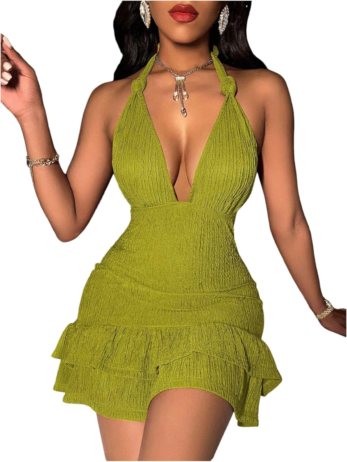 SOLY HUX Women's Summer Halter Bodycon Mini Dress Sexy Deep V Ruffle Party Cocktail Cami Dresses
