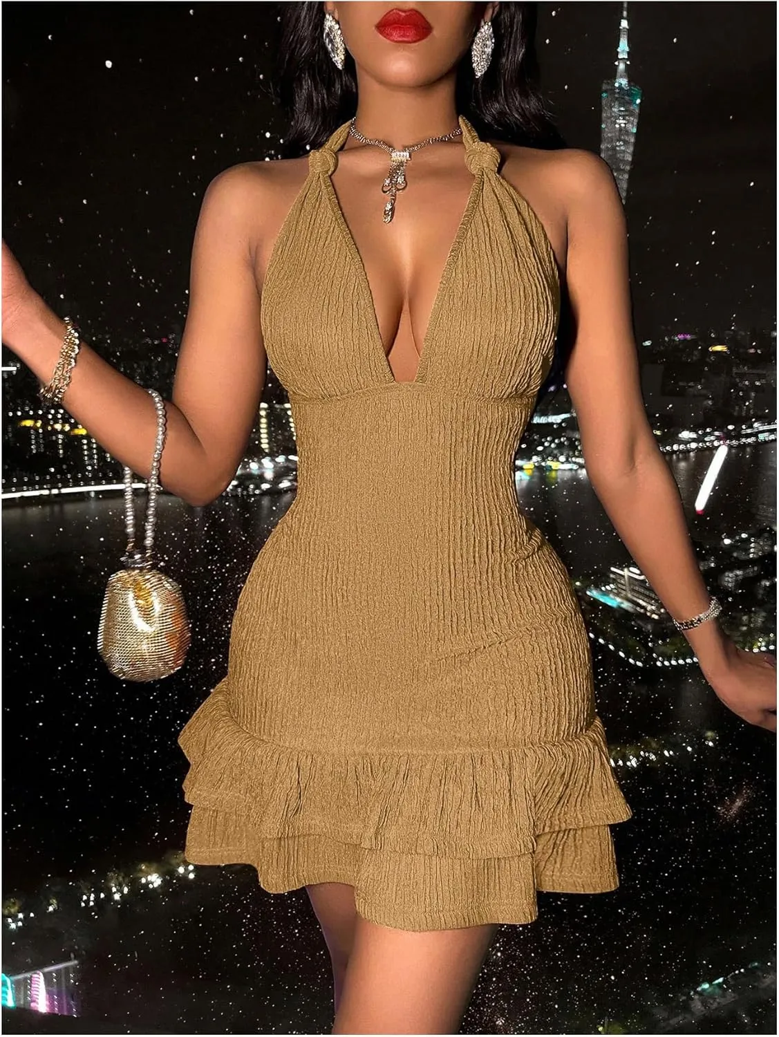 SOLY HUX Women's Summer Halter Bodycon Mini Dress Sexy Deep V Ruffle Party Cocktail Cami Dresses