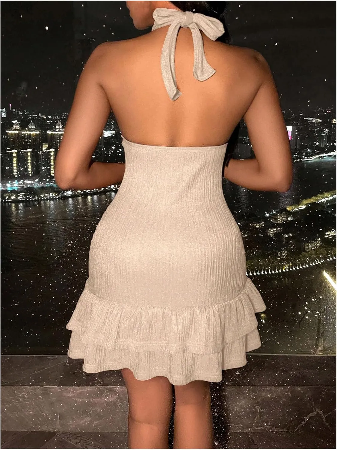 SOLY HUX Women's Summer Halter Bodycon Mini Dress Sexy Deep V Ruffle Party Cocktail Cami Dresses