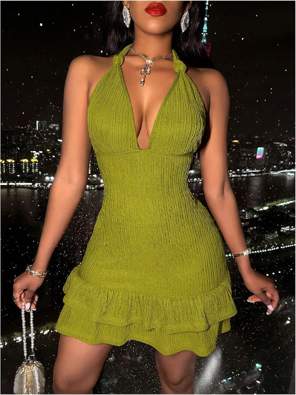 SOLY HUX Women's Summer Halter Bodycon Mini Dress Sexy Deep V Ruffle Party Cocktail Cami Dresses