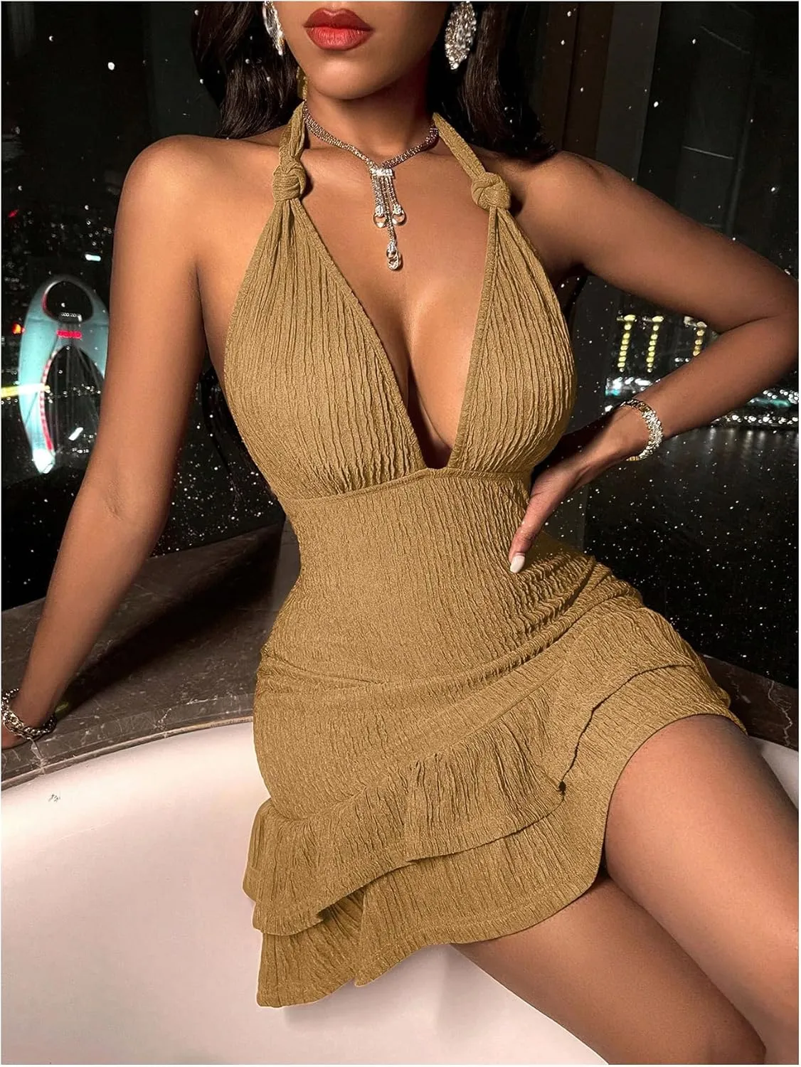 SOLY HUX Women's Summer Halter Bodycon Mini Dress Sexy Deep V Ruffle Party Cocktail Cami Dresses