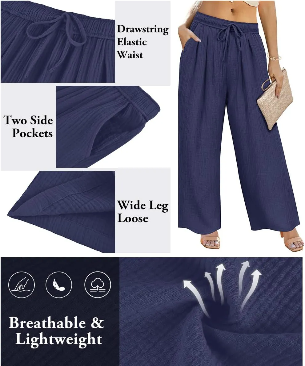 TIYOMI Plus Size Pants Womens Summer Palazzo Pants Drawstring Wide Leg Lounge Pant Casual Beach Trousers with Pockets XL-5XL