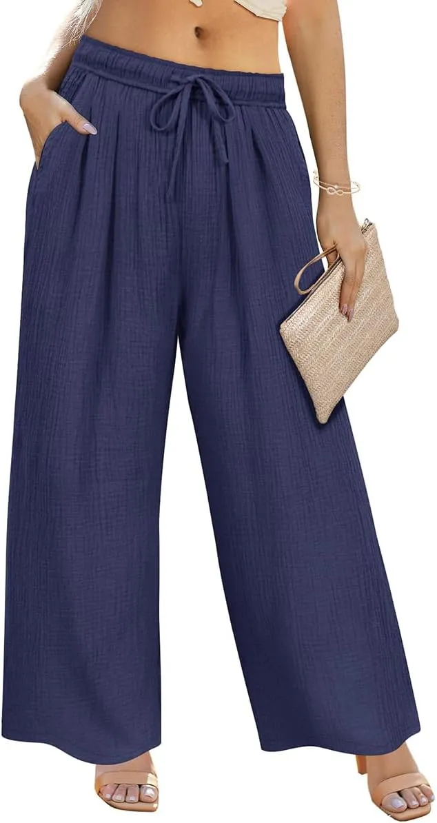 TIYOMI Plus Size Pants Womens Summer Palazzo Pants Drawstring Wide Leg Lounge Pant Casual Beach Trousers with Pockets XL-5XL