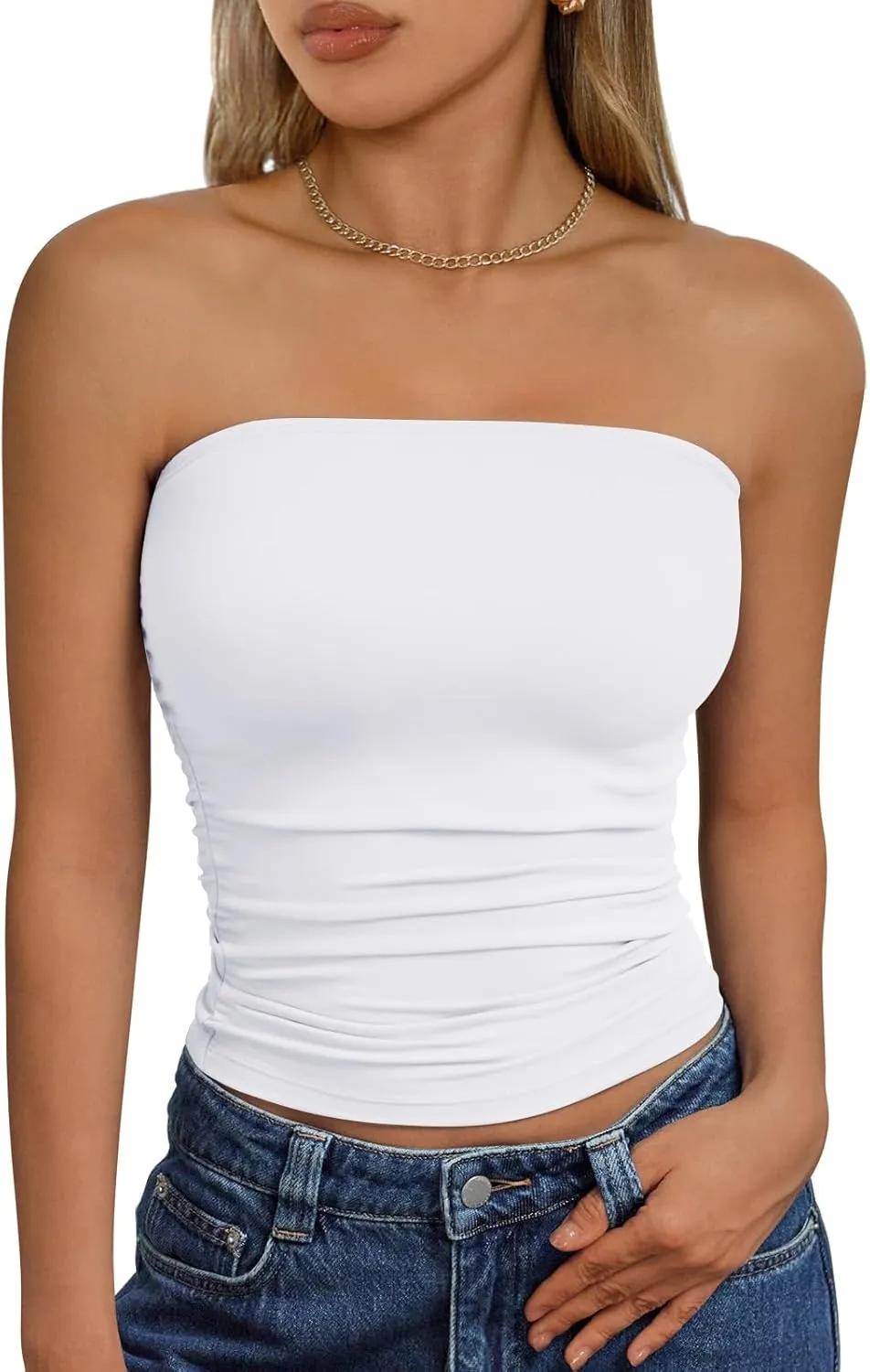 Trendy Queen Womens Cute Summer Tube Tops Going Out Strapless Ruched Backless Sleeveless Bandeau Y2k Clothes 2025