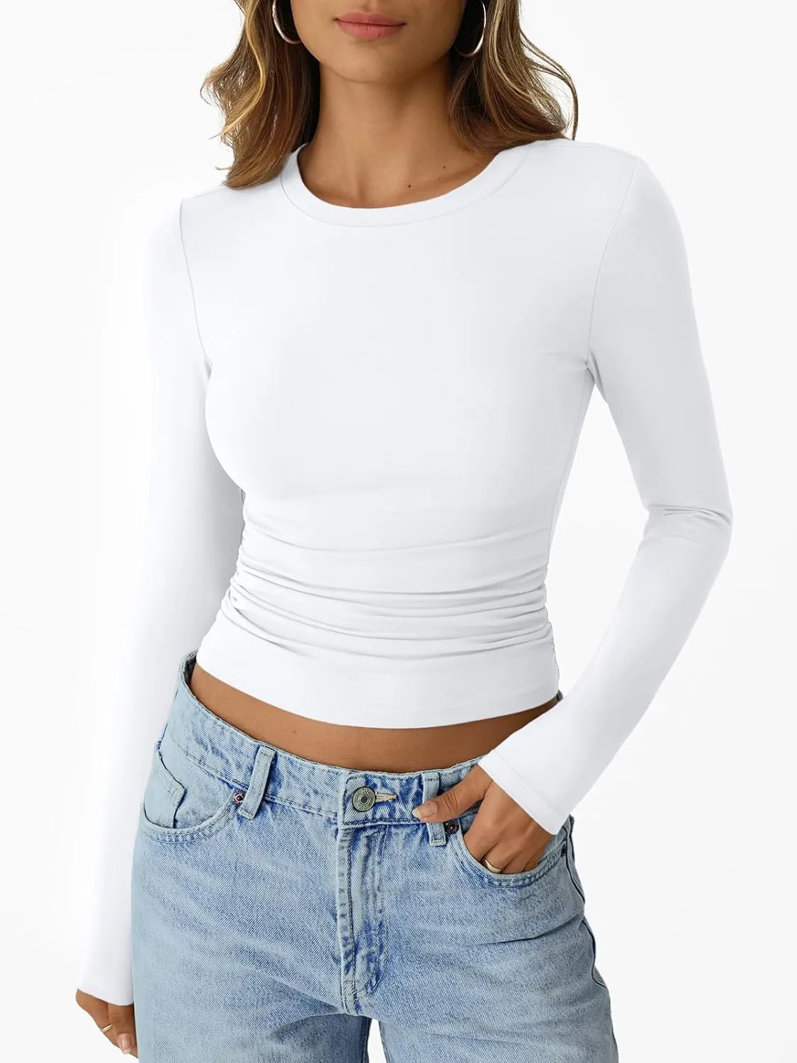 Trendy Queen Womens Long Sleeve Shirts Crop Tops Workout Fall Fashion 2025 Basic Crew Neck Going Out Clothes