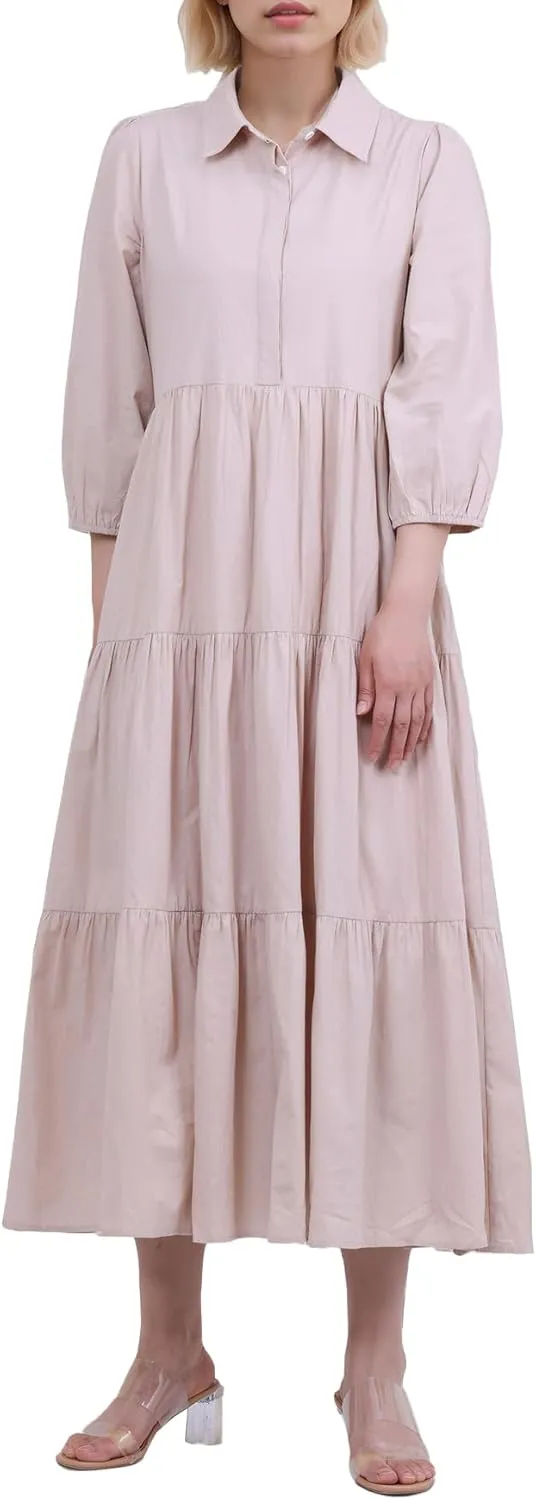 Women Flowy Maxi Shirt Dress Casual Button Down V Neck Ruffled Beach Long Dresses with Pockets