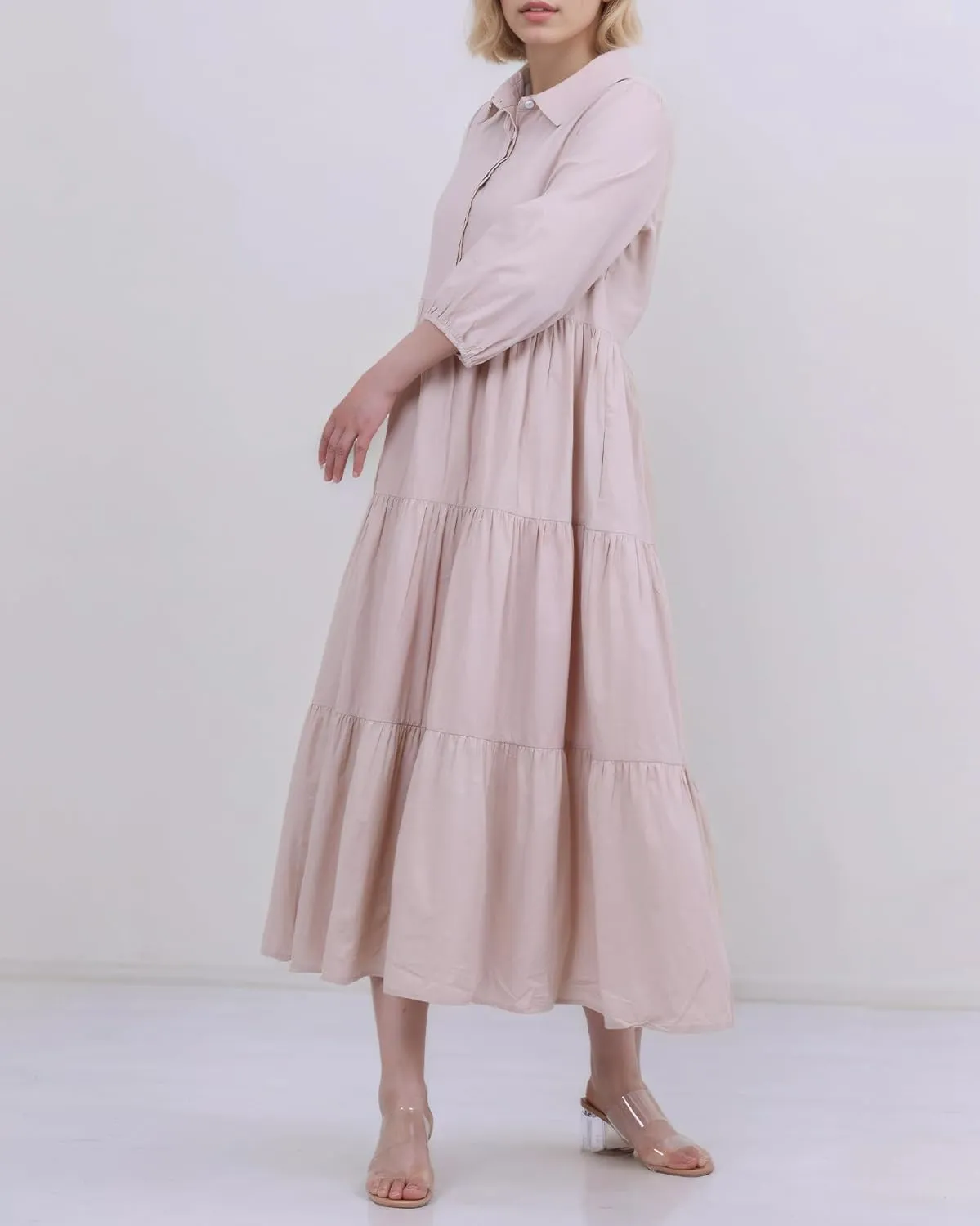 Women Flowy Maxi Shirt Dress Casual Button Down V Neck Ruffled Beach Long Dresses with Pockets