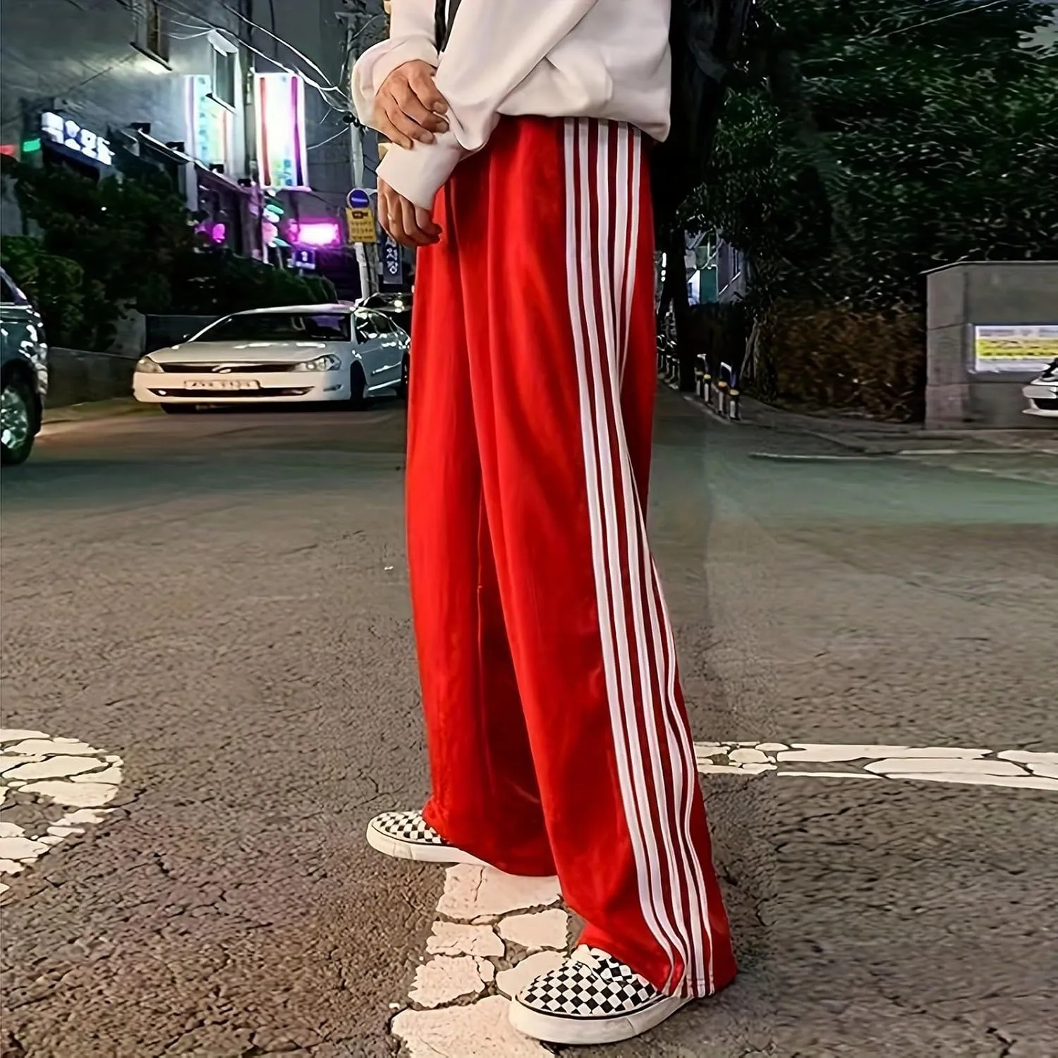 Women Side Striped Track Pants Y2k Drawstring Waist Wide Leg Cargo Sweatpants Casual Loose Jogger Lounge Pants