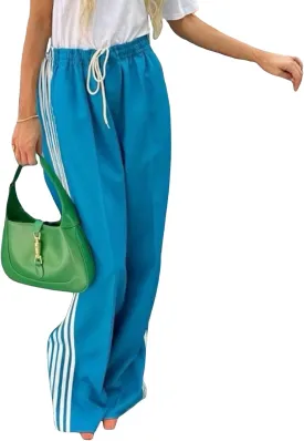 Women Side Striped Track Pants Y2k Drawstring Waist Wide Leg Cargo Sweatpants Casual Loose Jogger Lounge Pants
