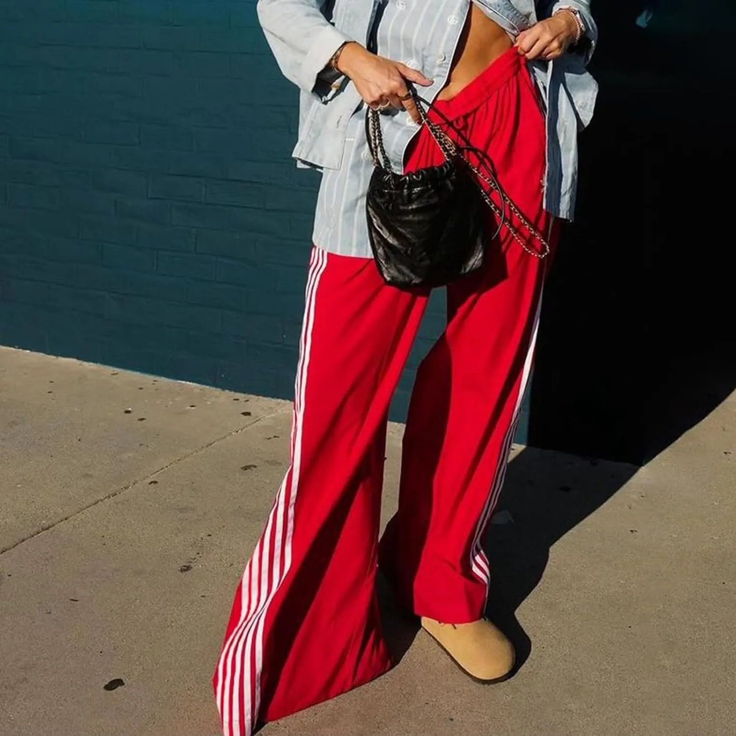 Women Side Striped Track Pants Y2k Drawstring Waist Wide Leg Cargo Sweatpants Casual Loose Jogger Lounge Pants