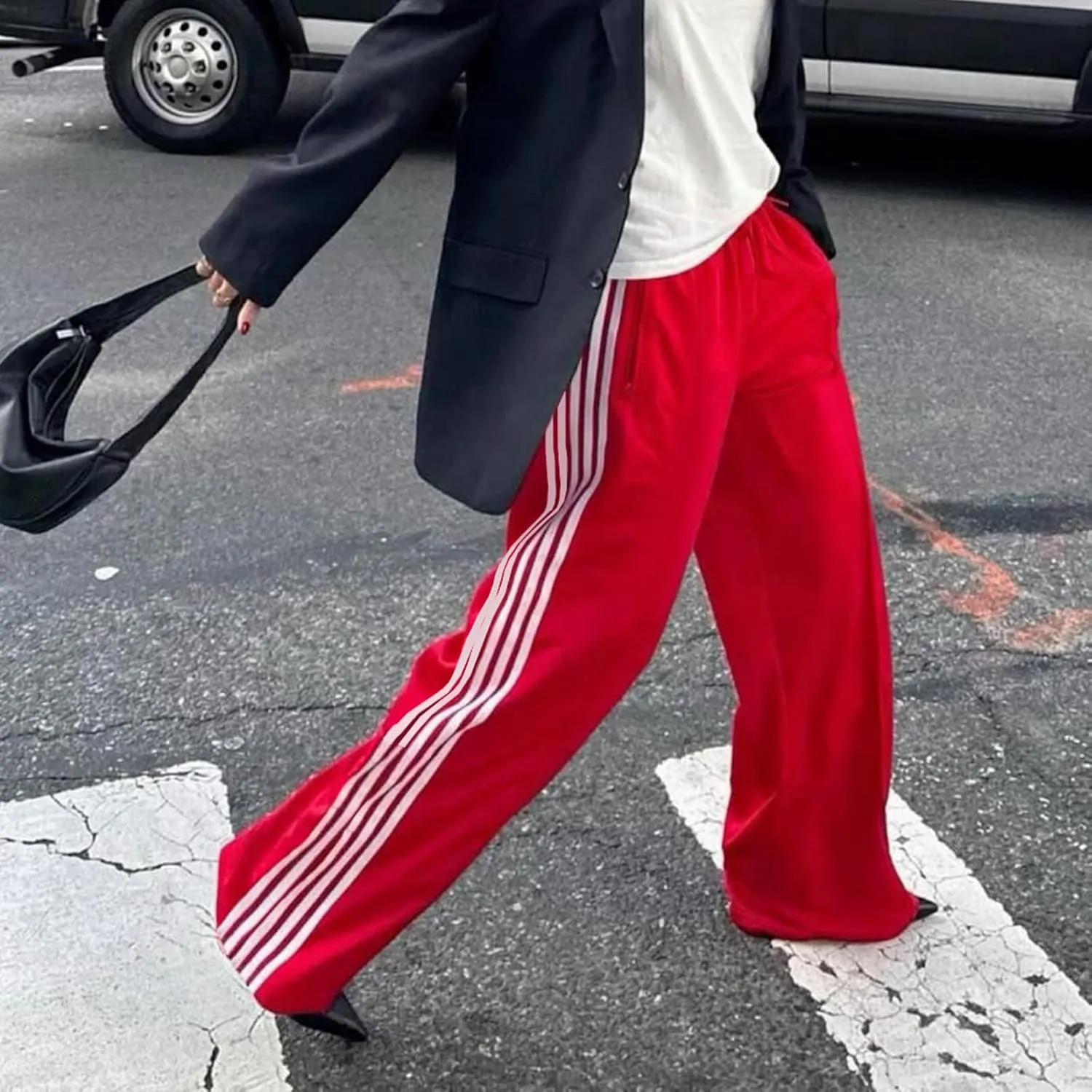 Women Side Striped Track Pants Y2k Drawstring Waist Wide Leg Cargo Sweatpants Casual Loose Jogger Lounge Pants