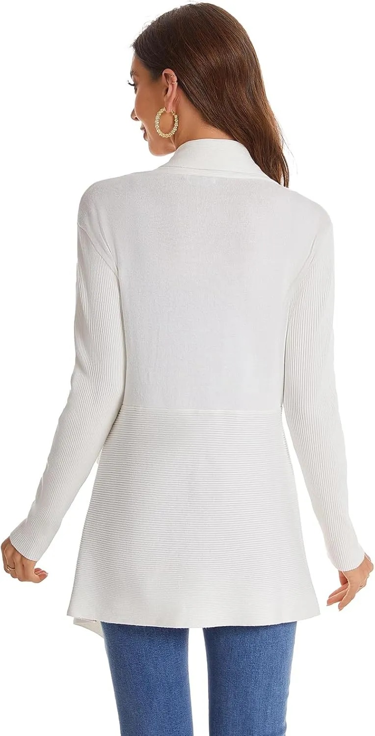 Women's Draped Open Front Cardigan, Long Sleeve Soft Ribbed Knit All-Season Outerwear with Irregular Hem