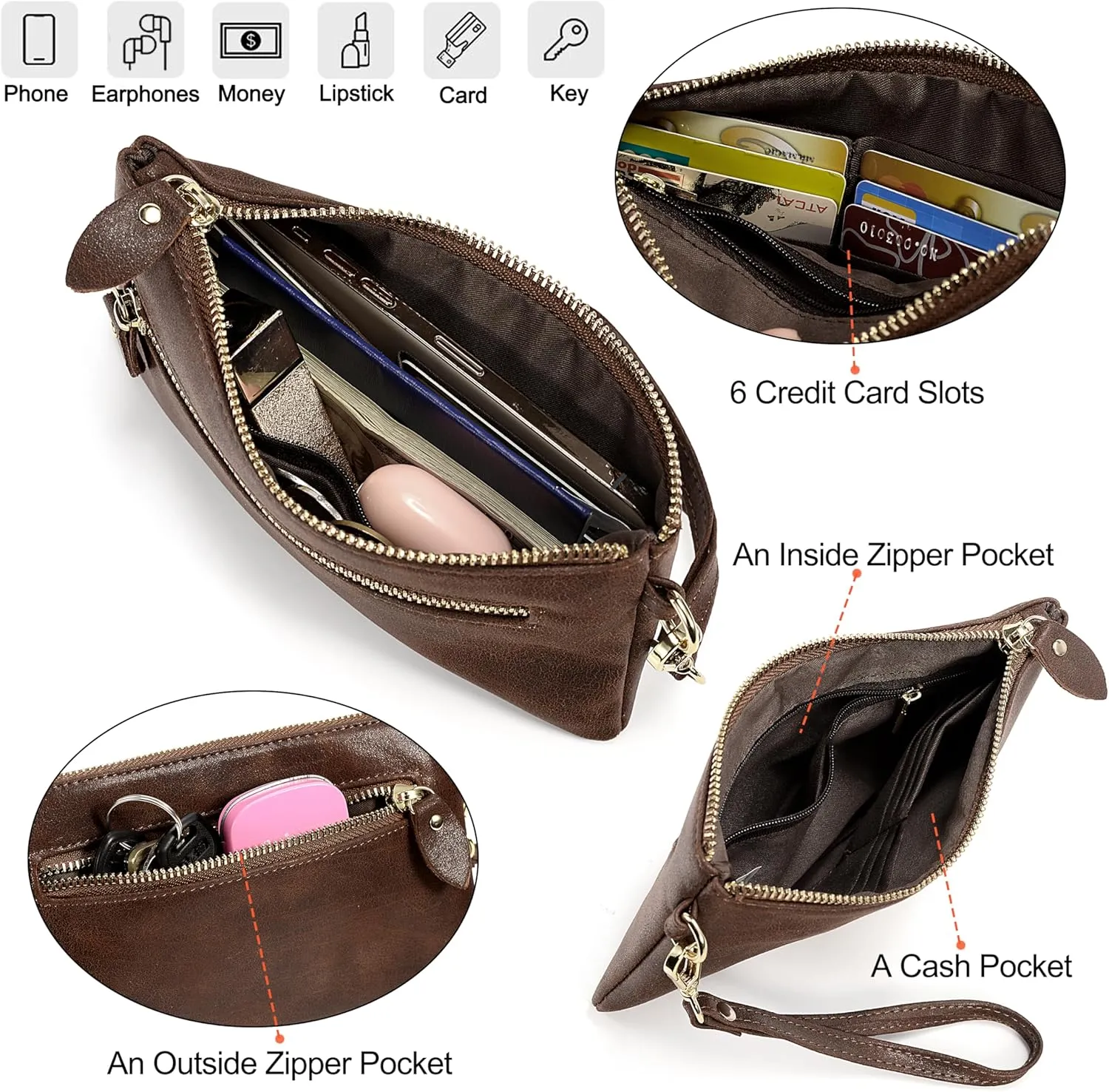 YALUXE Genuine Leather Wristlet Handbags Purses Cell Phone Pocket Clutch Wallet Crossbody Bags for Women