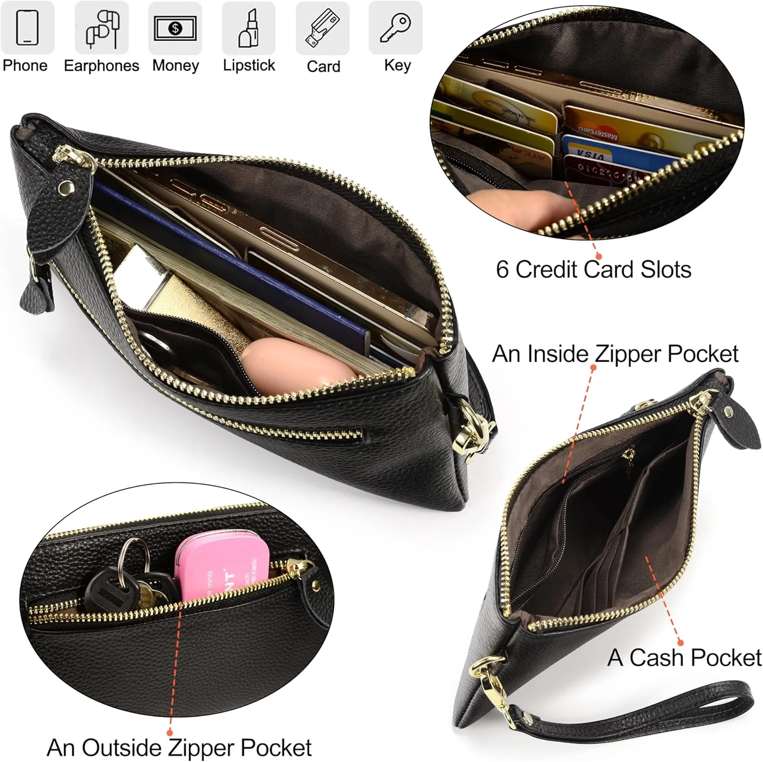 YALUXE Genuine Leather Wristlet Handbags Purses Cell Phone Pocket Clutch Wallet Crossbody Bags for Women