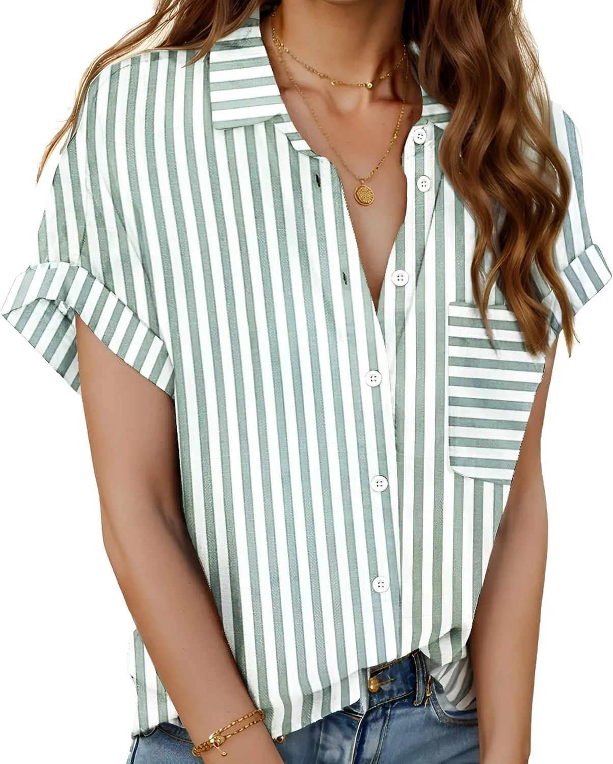 Zeagoo Linen Shirts for Women Cotton Short Sleeve V Neck Collared Button Down Blouses Tops S-3XL