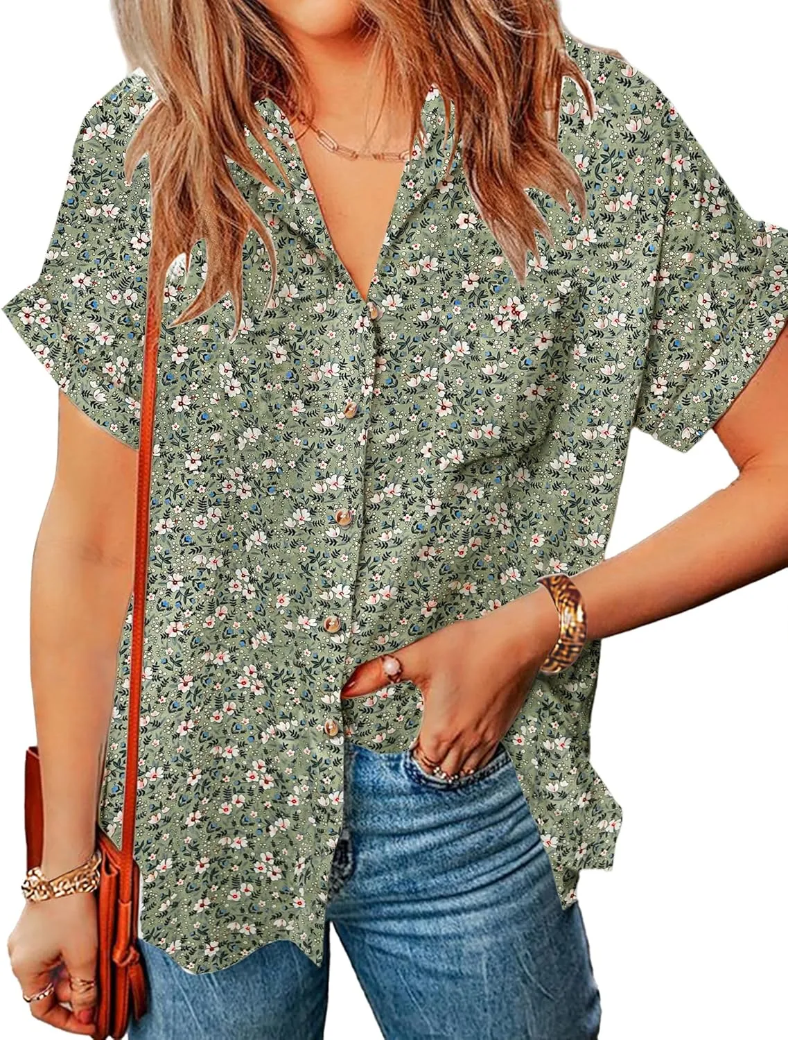 Zeagoo Linen Shirts for Women Cotton Short Sleeve V Neck Collared Button Down Blouses Tops S-3XL