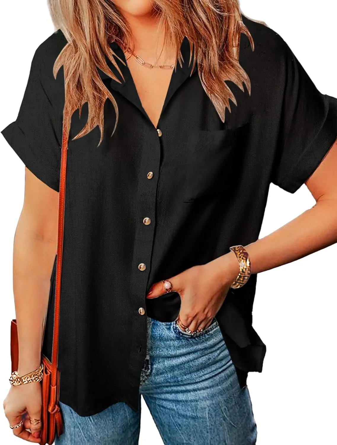 Zeagoo Linen Shirts for Women Cotton Short Sleeve V Neck Collared Button Down Blouses Tops S-3XL