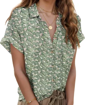 Zeagoo Linen Shirts for Women Cotton Short Sleeve V Neck Collared Button Down Blouses Tops S-3XL