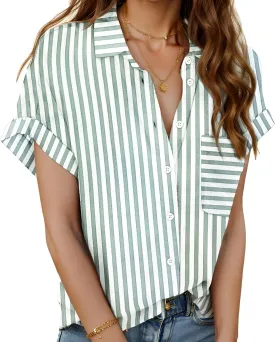 Zeagoo Linen Shirts for Women Cotton Short Sleeve V Neck Collared Button Down Blouses Tops S-3XL