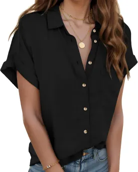 Zeagoo Linen Shirts for Women Cotton Short Sleeve V Neck Collared Button Down Blouses Tops S-3XL